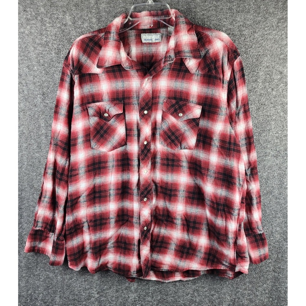 Wrangler Shirt Mens XXL Wrancher Red Black White Plaid Pearl Snap Western EUC